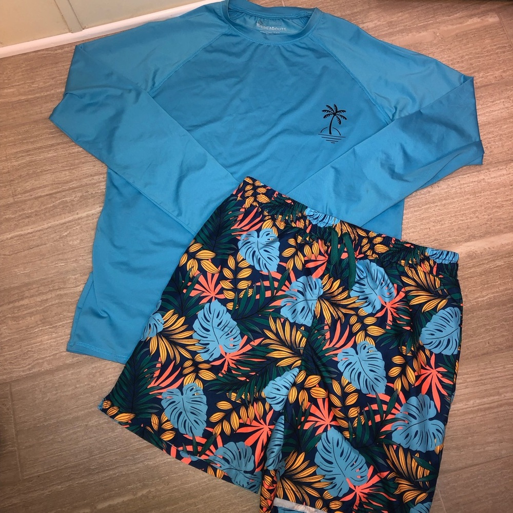 Thereabouts Rash Guard + Tropical Print Swim Shorts Size XL 18/20 Husky (unisex)